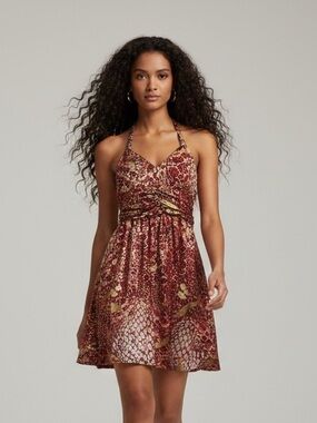 Majora Animal Print Halter Mini Dress Red Gold Size L